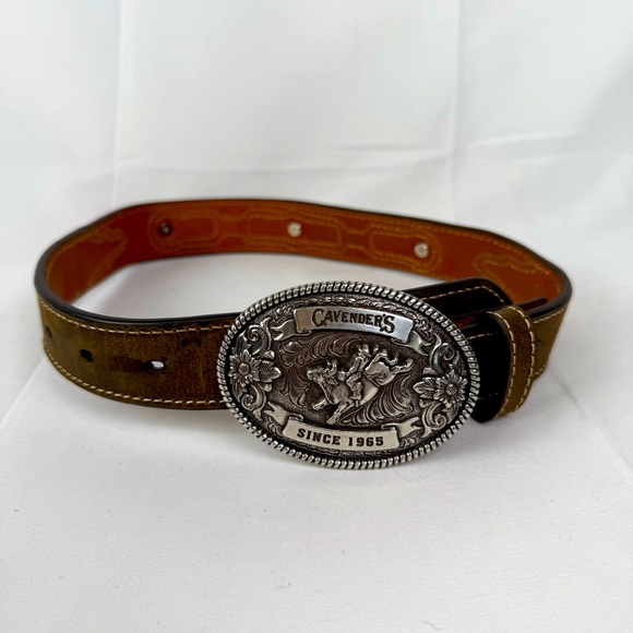 Cavenders Kids Brown Leather Belt Size 20 With Bull Riding Rodeo Buckle - Picture 1 of 6